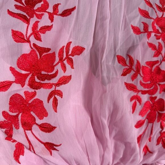 ASOS DESIGN tie back pleated sleeve midi dress in pink with red embroidery - Picture 9 of 15